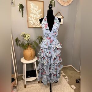 Lulu's Blue Floral Backless Ruffle Dress